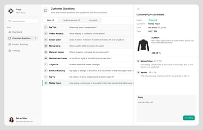 Customer Questions - Drawer Details ✨ admin panel chat customer drawer highlight inbox product questions ui ux web