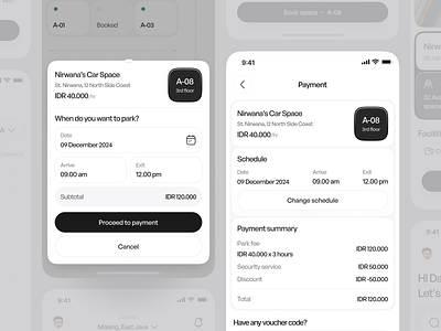 Wondr - Car Parking App [Payment] arrival book space booking bottomsheet clean design emir exit invoice mobile mobile app modal parking parking app payment payment summary schedule ui uidesign