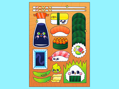 Peachtober24: Grass character character illustration chopsticks cute eating edamame flat lay food food characters ginger illustration japanese food nigiri onigiri raw fish soy sauce sushi sushi roll vector wasabi