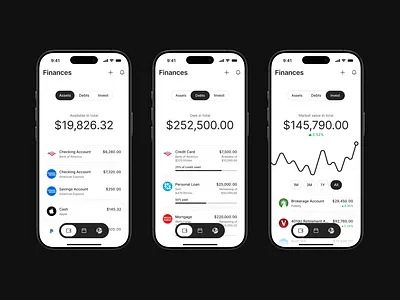 Personal finance hub aggregator assets banking black and white cashflow clean debts finances minimal mobile money product design ui