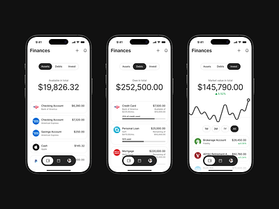 Personal finance hub aggregator assets banking black and white cashflow clean debts finances minimal mobile money product design ui