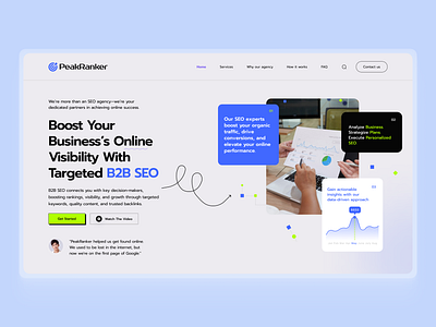 B2B SEO Landing Page b2bseo branding businessgrowth digitalgrowth figmadesign onlinevisibility peakranker seoagency ui uidesign uiux