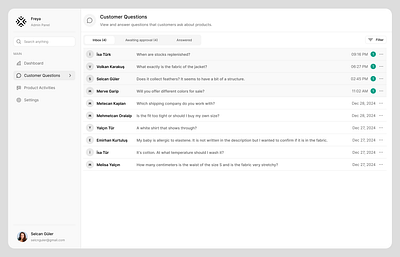 Admin Panel - Customer Questions Inbox ✦ admin customer design drawer inbox panel product questions saas ui ux web