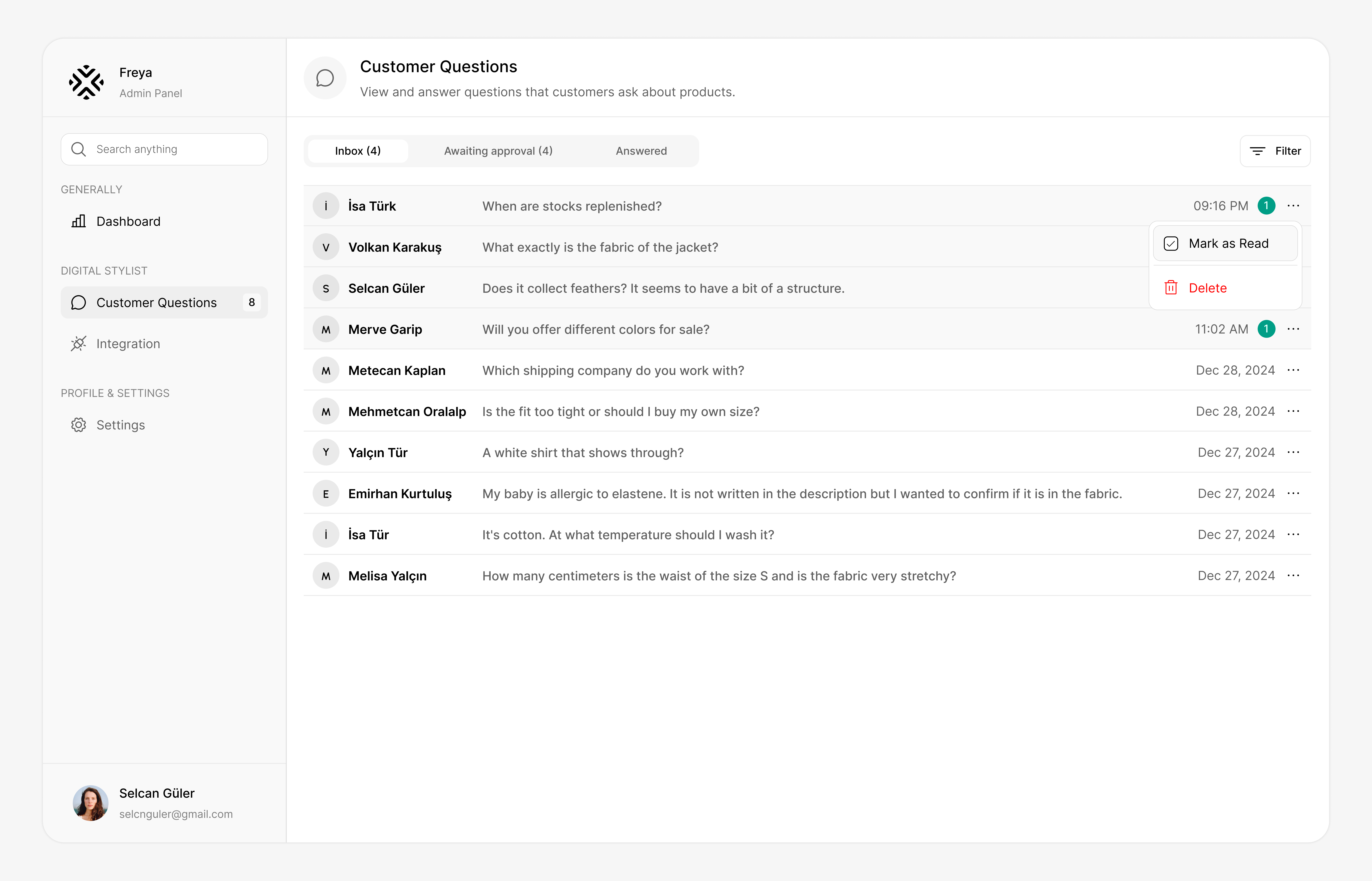 Admin Panel - Customer Questions Inbox ✦ admin customer design drawer inbox panel product questions saas ui ux web