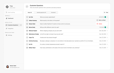 Admin Panel - Customer Questions Inbox ✦ admin customer design drawer inbox panel product questions saas ui ux web