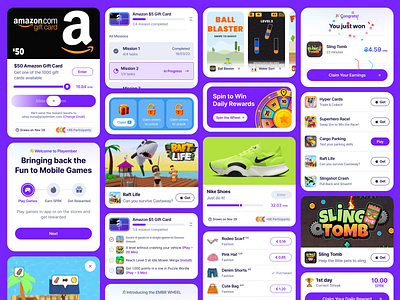 Component Gallery of a Reward App advertisement app button card claim component ecommerce game gift ios list mobile onboarding reward rv slide spinner ui kit unlock watch