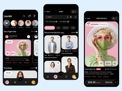 Fashion clothing and social mobile app design(Dark theme) app design clothing online shop clothing online store dark dark theme design fashion fashion mobile app fashion mobile app design ios mobile app mobile app design online shop ui ui design ux ux design