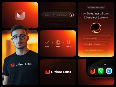 Ultima Labs Branding ai ai agent angular animation branding conic consulting dark mode dark theme fire gradient logo motion graphics orange ui