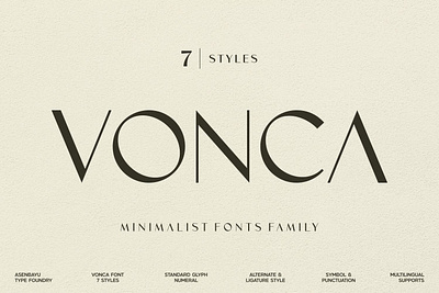 Vonca Font Family alternate beautiful brand branding cosmetic design display elegant feminine font illustration ligature logo luxury minimalist posh thin typeface typography ui