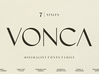 Vonca Font Family alternate beautiful brand branding cosmetic design display elegant feminine font illustration ligature logo luxury minimalist posh thin typeface typography ui