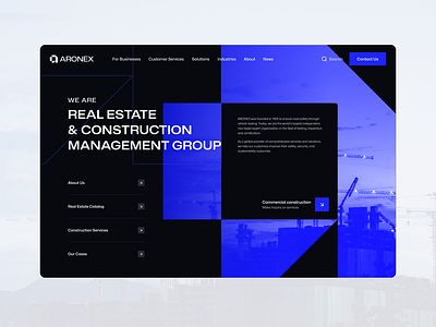 Construction company Website blue branding building company construction corporate dark theme graphic design landing landing page minimalistic real estate user interface web web design website website concept