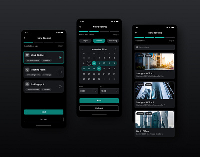 Flexopus - Desk Sharing Software app design application booking booking flow calendar dark theme design design award desk sharing figma minimal mobile mobile app product design reservation ui ux workspace