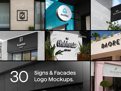 30 Signs & Facade Logo Mockups - V4 building building mockup customizable facade hanging sign logo logo mockup logo sign mockup mock up mockup psd sign mockup signage template wall wall mockup wall sign