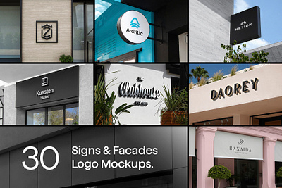 30 Signs & Facade Logo Mockups - V4 building building mockup customizable facade hanging sign logo logo mockup logo sign mockup mock up mockup psd sign mockup signage template wall wall mockup wall sign