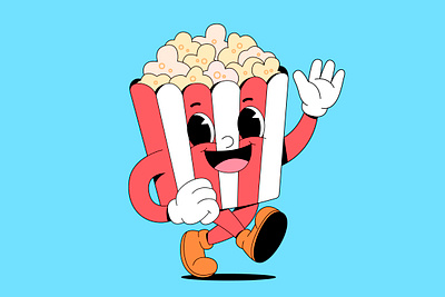 Walking popcorn branding cartoon character colorful corn cute design food graphic design illustration logo popcorn retro snack ui walking