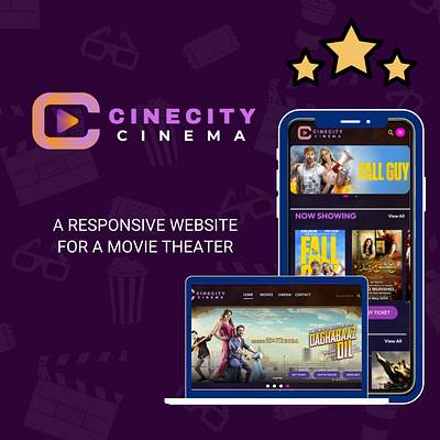 CINECITY CINEMA RESPONSIVE MOVIE THEATER - WEBSITE LADING PAGE design figma graphic design landing page photoshop ui ui ux user interface website website design