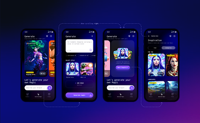 AI ✨ Art generation ai art generator art generator ui art styles selection creative inspiration creative tools dark theme digital art creation fantasy art inspiration feed interactive design mobile concept ui modern app ui neon colors user interface design