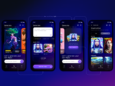 AI ✨ Art generation ai art generator art generator ui art styles selection creative inspiration creative tools dark theme digital art creation fantasy art inspiration feed interactive design mobile concept ui modern app ui neon colors user interface design