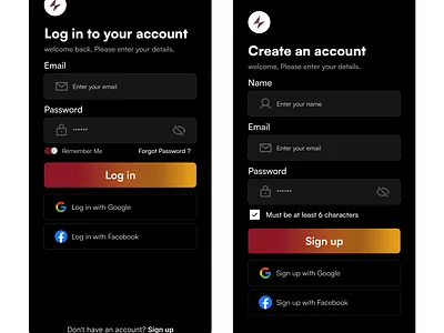 Mobile App Registration screens