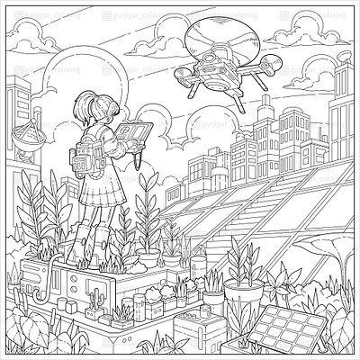 Fantasy girl becomes a pilot of technology drone in future city adult coloring