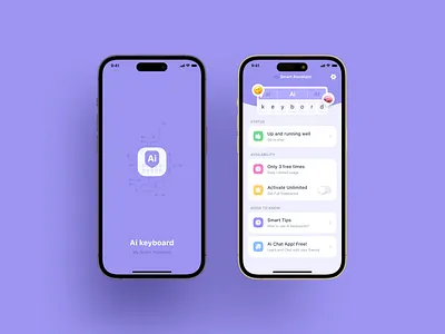 AI Keyboard ai keyboard ai suggestions app onboarding screen chat assistant daily usage limit interactive ui minimalist design mobile app design mobile concept purple theme smart assistant smart tips subscription options typing assistance user interface (ui)