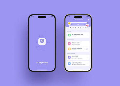 AI Keyboard ai keyboard ai suggestions app onboarding screen chat assistant daily usage limit interactive ui minimalist design mobile app design mobile concept purple theme smart assistant smart tips subscription options typing assistance user interface (ui)