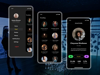 Artists social media application app design app mockup art app art gallery art people artist app artist appreciation artist social media collaboration app dark mode hire artist mobile app design modern app social media app social media for artist