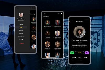 Artists social media application app design app mockup art app art gallery art people artist app artist appreciation artist social media collaboration app dark mode hire artist mobile app design modern app social media app social media for artist