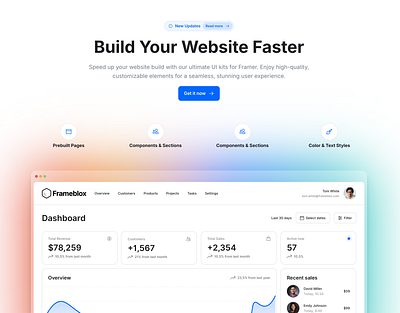 Landing page website hero section for Framer - Frameblox UI badge browser cta features frame framer template gradient header headline hero icons mockup section ui ux webdesign