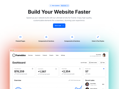 Landing page website hero section for Framer - Frameblox UI badge browser cta features frame framer template gradient header headline hero icons mockup section ui ux webdesign