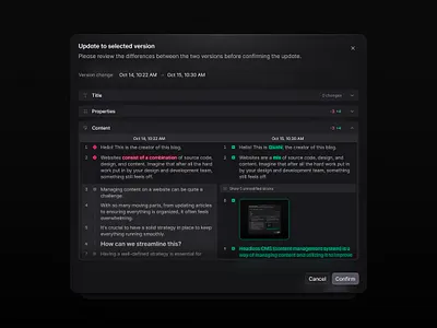 diff view 🔍 aesthetic cms coding content dark darkmode development diffview figma ui