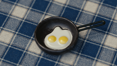 Miniature pan with fried eggs 3d c4d illustration