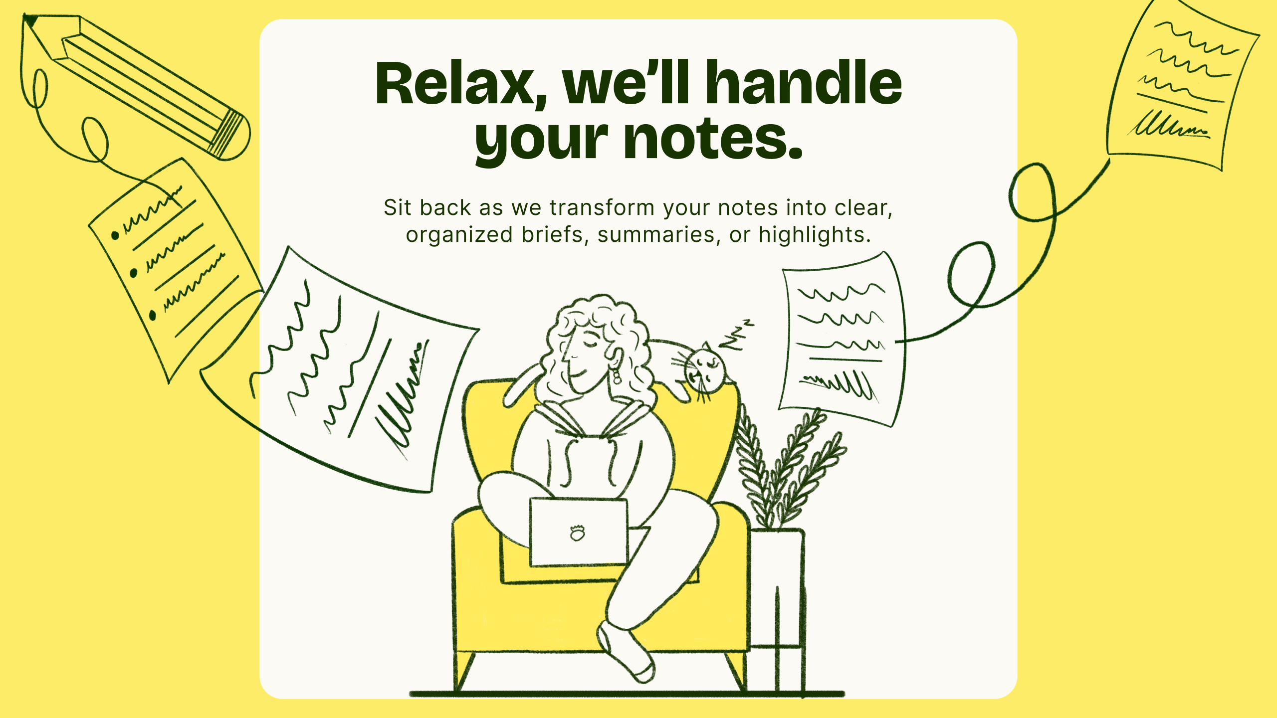 SayBriefly - Join the waitlist art directors branding briefs cat creative doodle freelancers girl on a safe highlights illustration meeting notes meetings motion design notes notetaker pencil startups studios summaries zoom