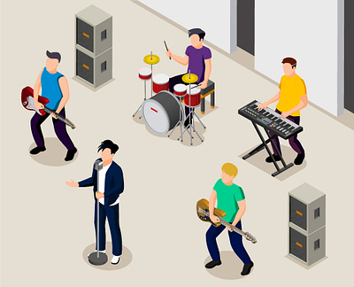 Vector isometric illustration of a musicial band 3d band concert drums graphic design guitarist human illustration isometric men microphone music musicial band piano rock vector