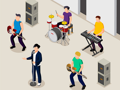 Vector isometric illustration of a musicial band 3d band concert drums graphic design guitarist human illustration isometric men microphone music musicial band piano rock vector