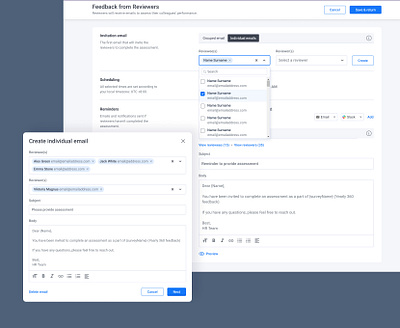 Scheduling Communications (HR 360° Feedback Software) b2b blue business communication email email list enterprise hr minimalistic notification planner product design reminder saas scheduling software ui user flow ux web