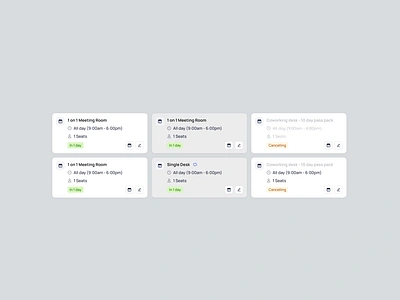 Co-working Space Reservation Cards admin b2b b2c booking card component coworking dashboard design member portal saas space ui ux web