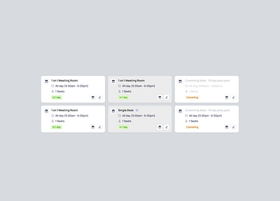 Co-working Space Reservation Cards admin b2b b2c booking card component coworking dashboard design member portal saas space ui ux web