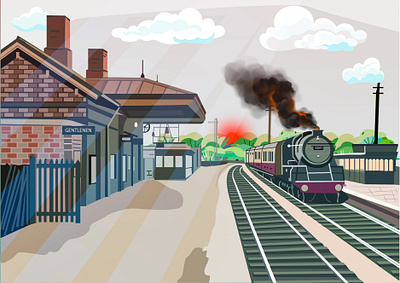 A train station with a steam engine train Arriving illustration illustration train japany train stration london train stration illustration t shirt t shirt design t shirt designs train train comming train illustration train illustration stration train stration