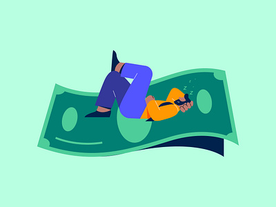 Man Laying on A Paper Bill/Money 2d character dribbble editorial flat design flat illustration graphic design guy illustration minimalist money rich shot sleeping guy vector