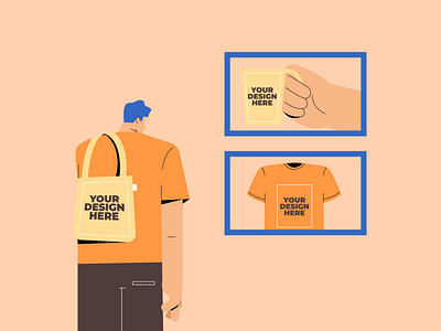 Man with Tote Bag and Other Print-On-Demand Products 2d design dribbble flat design illustration inspirations man model mug print on demand products shirt shot tote bag vector