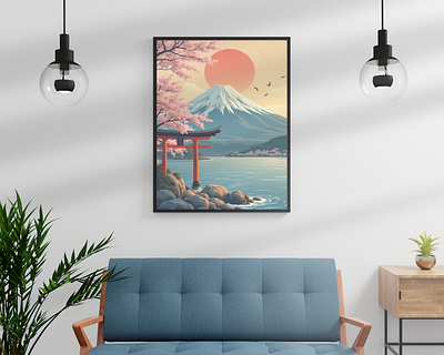 Japanese Wall Art – Mount Fuji with Cherry Blossoms 3d ai generated ai image animation branding digital painting graphic design home decor japan logo mockup motion graphics painting picture poster printing ui wall art wall decor web design