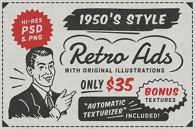 1950s Style Retro Ad Templates 1950s style 1950s style retro ad templates advertisement banner black and white frame housewife illustration man newspaper ads photoshop effect retro guy sale salesman supermarket template textured effect woman