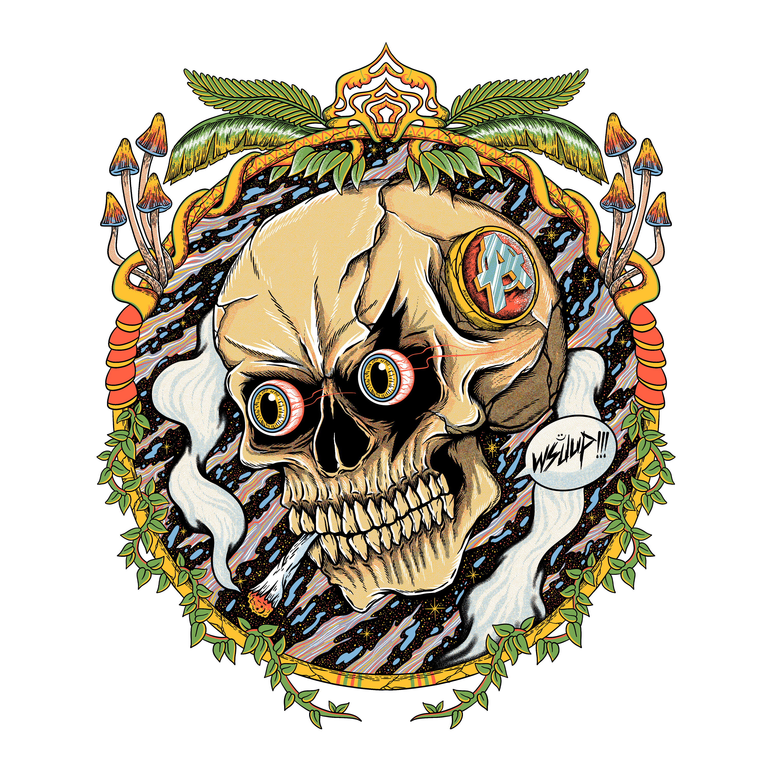 Wsuup Skull Art alipstudio comic death floating freelance halloween horror illustration illustrator meditation poster red eyes skeleton skull skull art skulls smoking space vines whats up