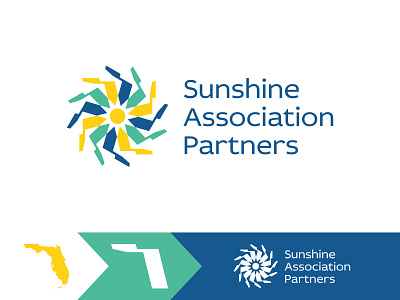 Sunshine Association Partners Florida logo association blue branding coastal community florida green iconic local map minimalist modern professional silhouette simple state outline sun sunshine unity yellow