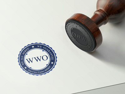 WWO Stamp approved assurance authentic badge blue bold branding certification elegant guarantee minimalist navy professional quality reliable round stamp trust warranty