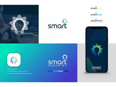 smart industry logo abstact blue bright cyan data engineering future gradation iconic industry intelligent lamp mobile app modern smart technology