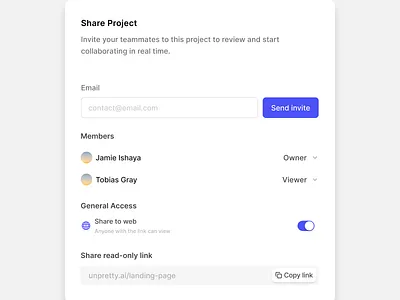 Share project modal component component design design design system explore explorepage modal modal design modal popup project share share modal share project ui.jaymez uiux