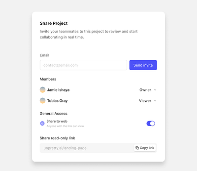 Share project modal component component design design design system explore explorepage modal modal design modal popup project share share modal share project ui.jaymez uiux