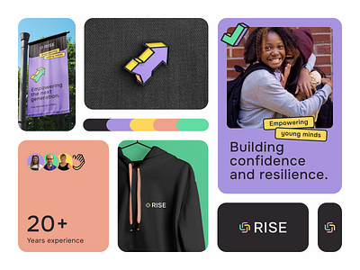 Rise bento brand brand identity branding bright cards colorful colourful fun genz graphic design kids mentor mentoring mockups playful visual design young youth youthclub